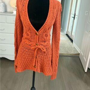 Anthropologie Burnt Orange Cable-Knit V-Neck Cardigan